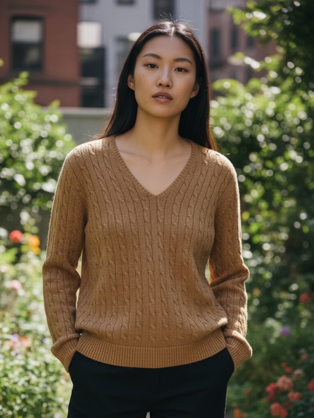 Lauren Ralph Lauren Metallic Cable Knit V Neck Sweater Tan 1X